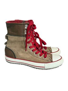 Converse All Star Tan Brown Canvas Leather High Sneaker Boot Lace Size 7 Women's